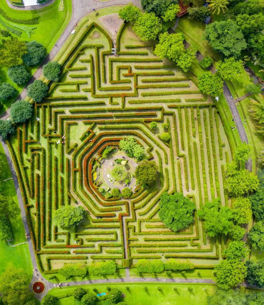aerial view of a large maze made from hedges in a garden
